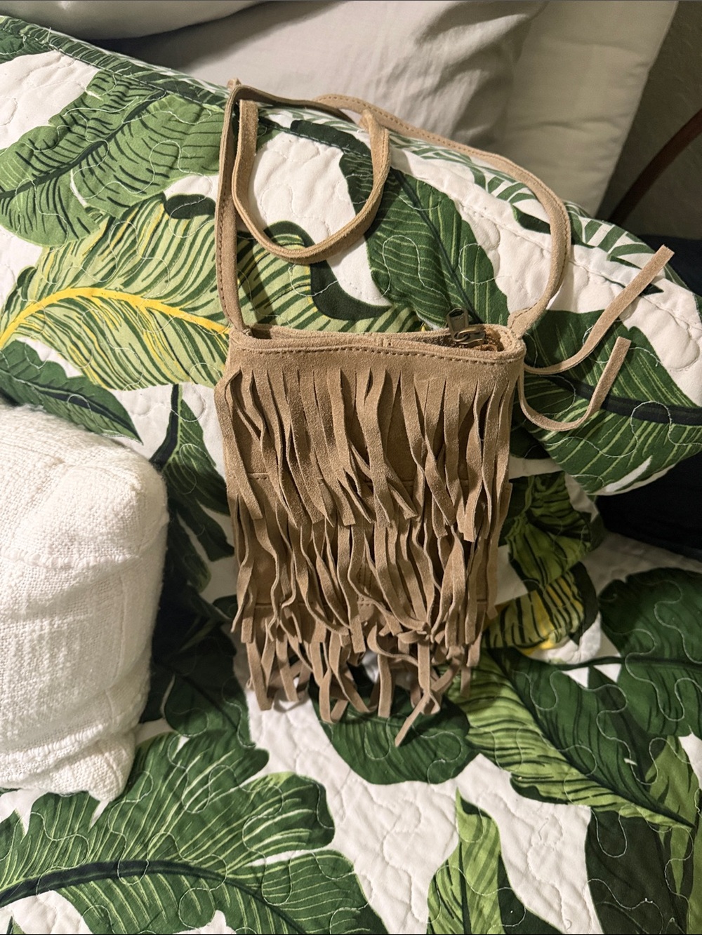 Fringed Crossbody Bag - Tan Suede